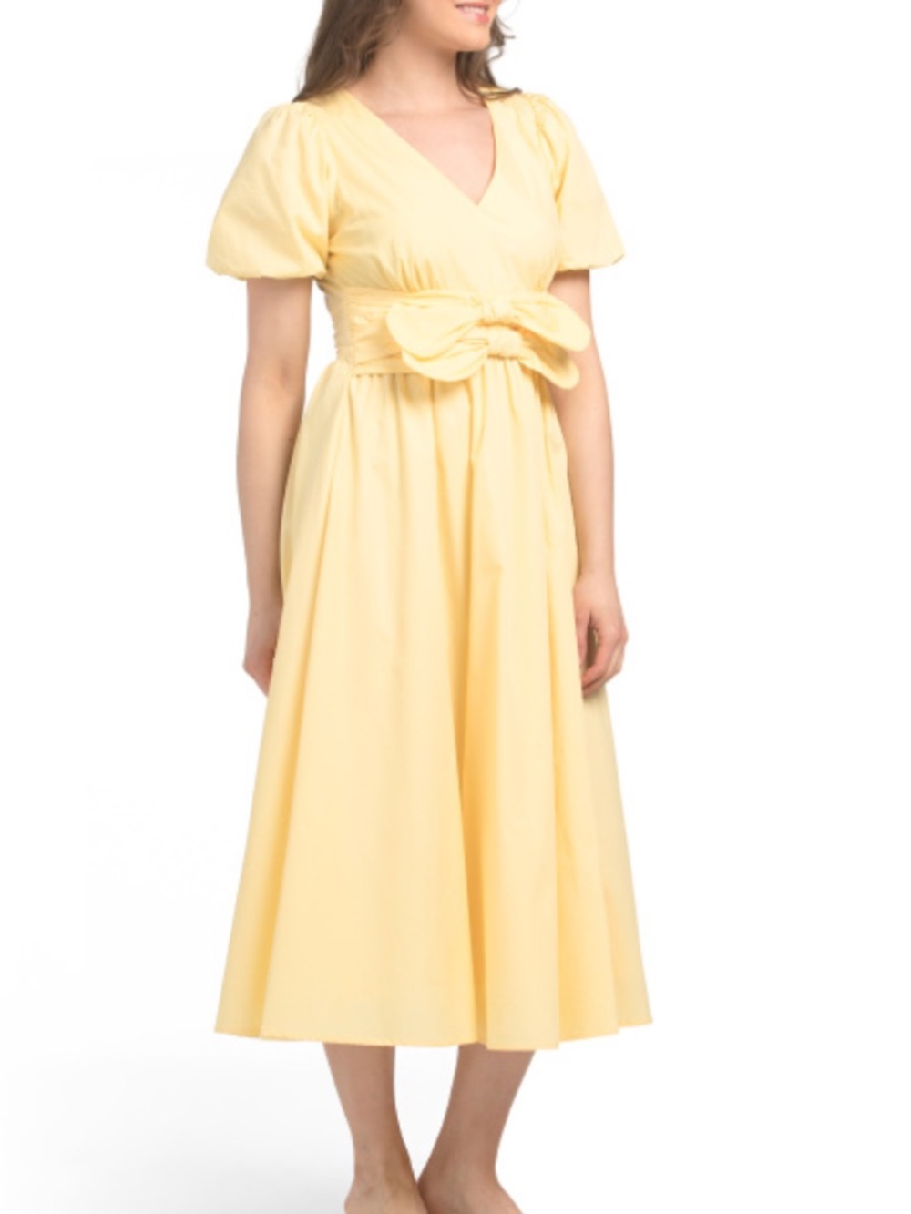 Moon River Pastel Yellow Puff-Sleeve Midi Dress with Waist Bow
